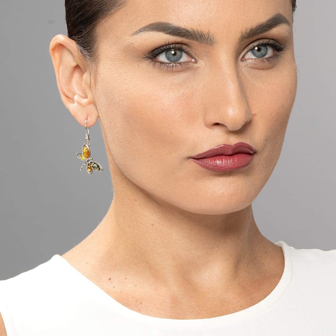 Genuine Baltic Amber Dragonfly Pendant Necklace and Earrings for Women in Sterling Silver, Rich Cognac, Honey and Olive Colors