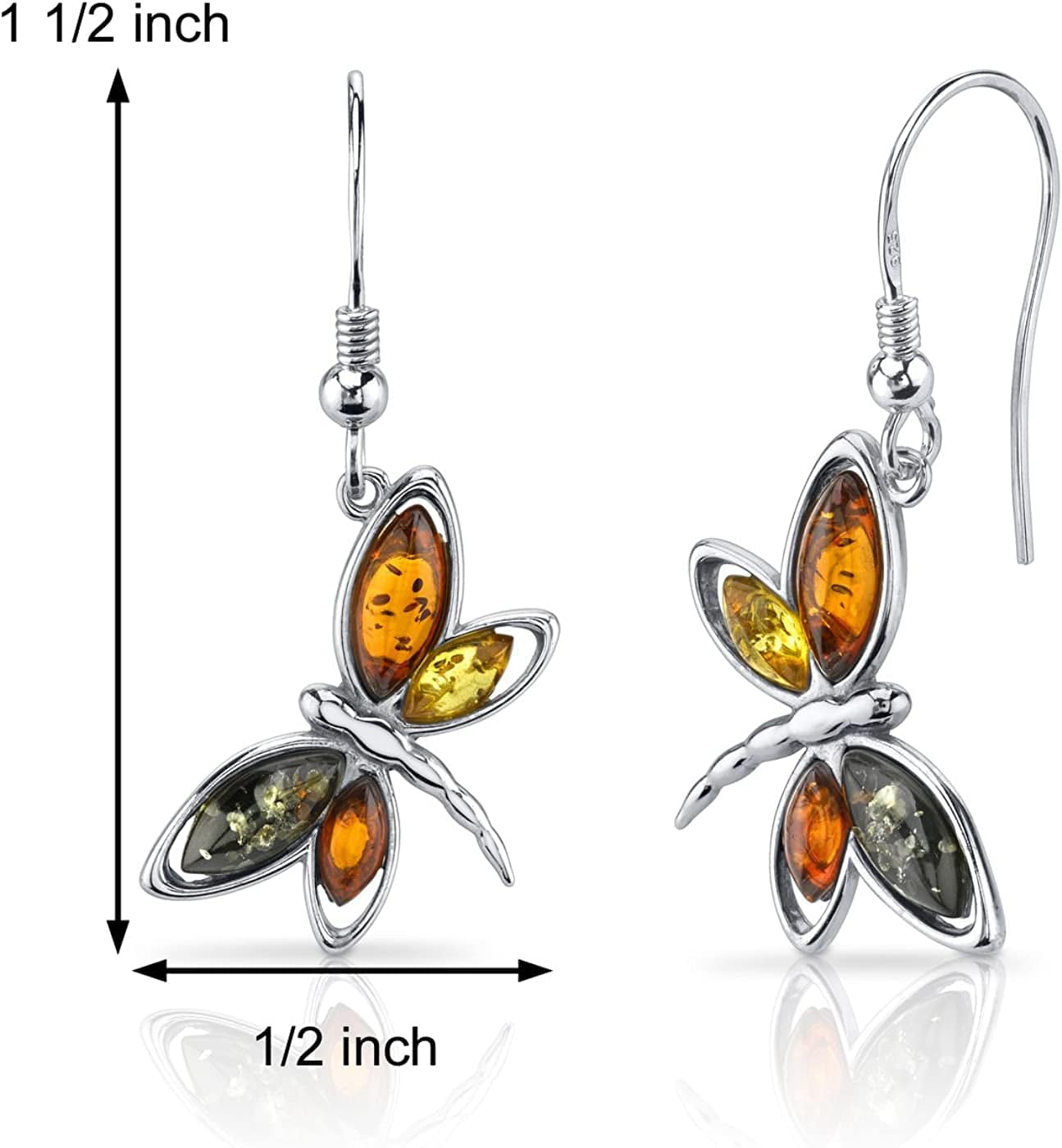 Genuine Baltic Amber Dragonfly Pendant Necklace and Earrings for Women in Sterling Silver, Rich Cognac, Honey and Olive Colors