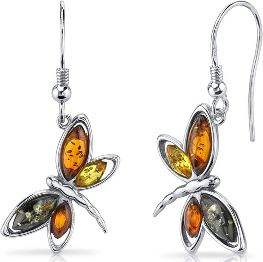 Genuine Baltic Amber Dragonfly Pendant Necklace and Earrings for Women in Sterling Silver, Rich Cognac, Honey and Olive Colors Dangle Earrings