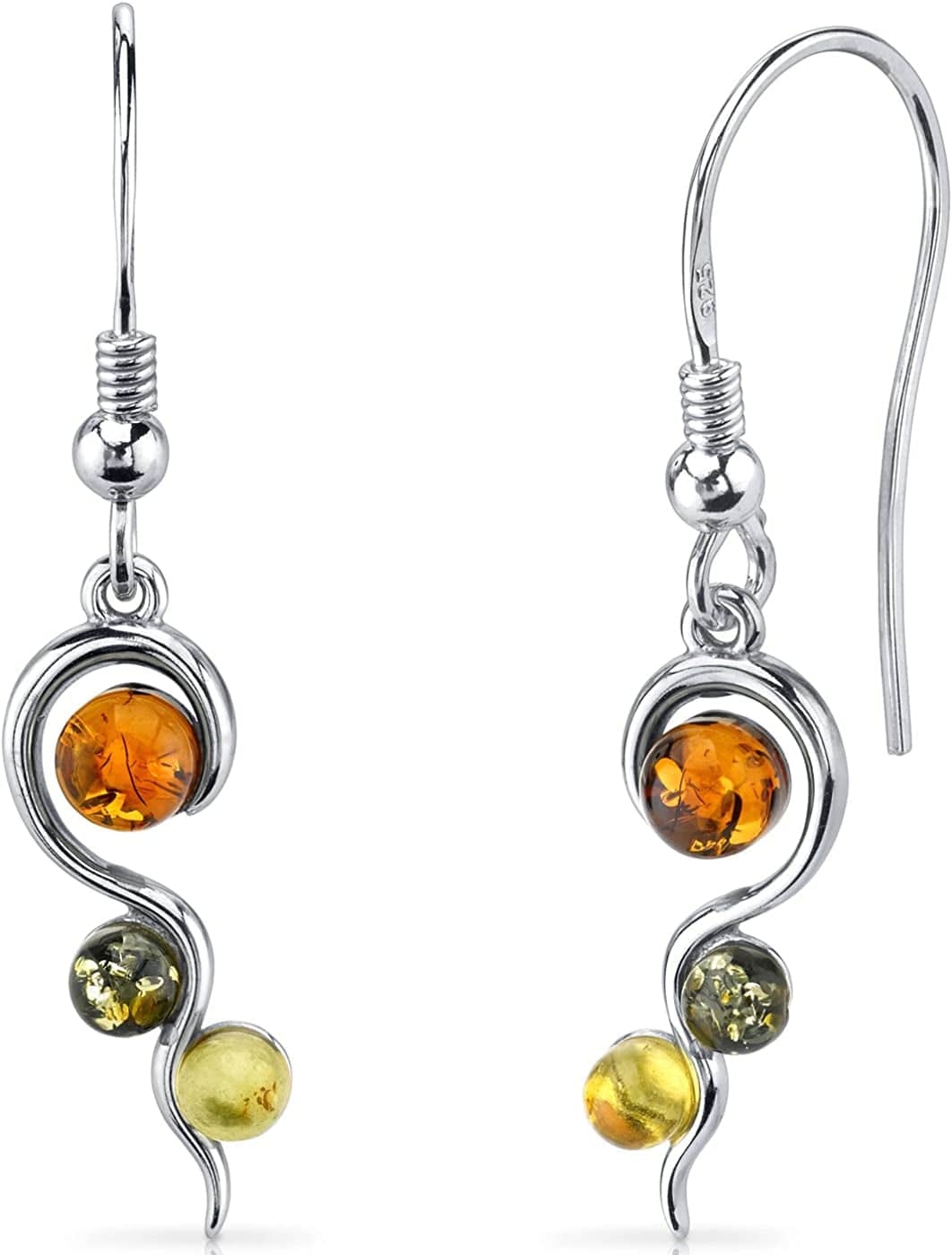 Genuine Baltic Amber Pendant Necklace and Earrings in Sterling Silver, Three Stone Squiggle Rich Cognac, Honey and Olive Colors Dangle Earrings
