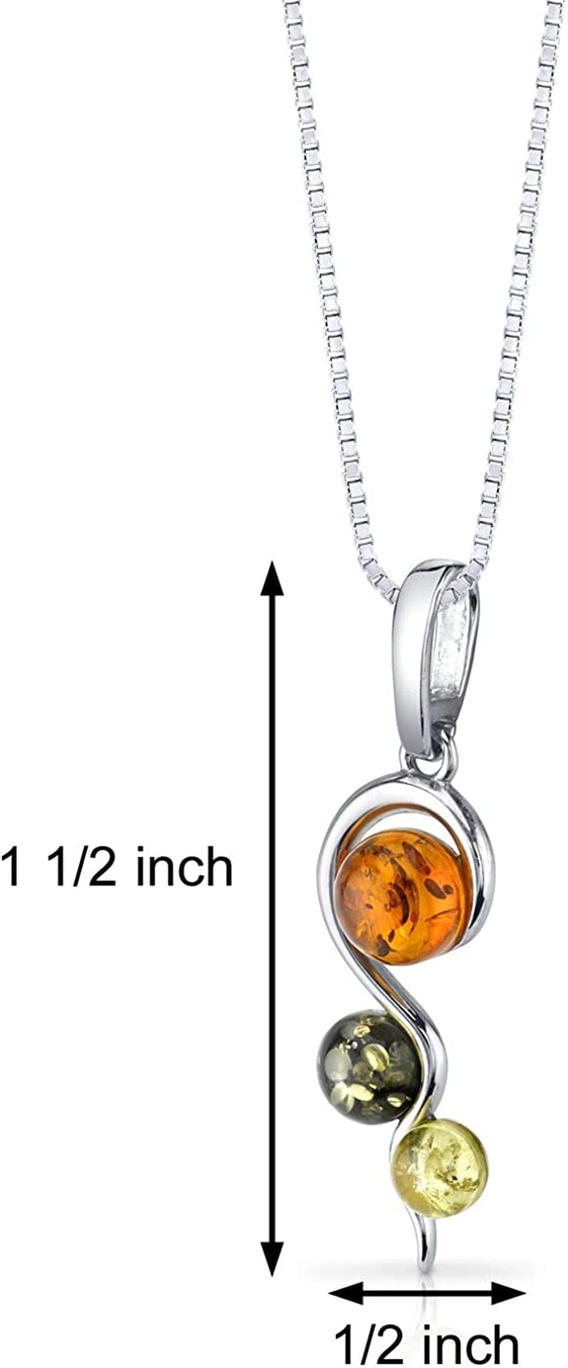 Genuine Baltic Amber Pendant Necklace and Earrings in Sterling Silver, Three Stone Squiggle Rich Cognac, Honey and Olive Colors