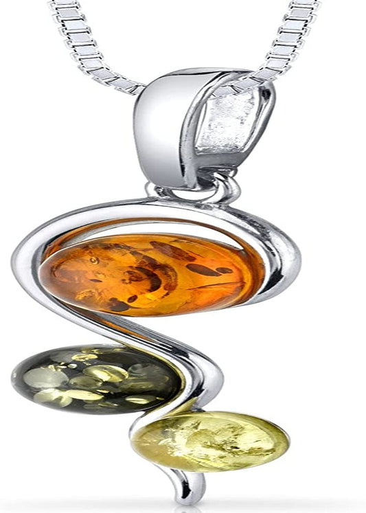 Genuine Baltic Amber Pendant Necklace and Earrings in Sterling Silver, Three Stone Squiggle Rich Cognac, Honey and Olive Colors Pendant Necklaces