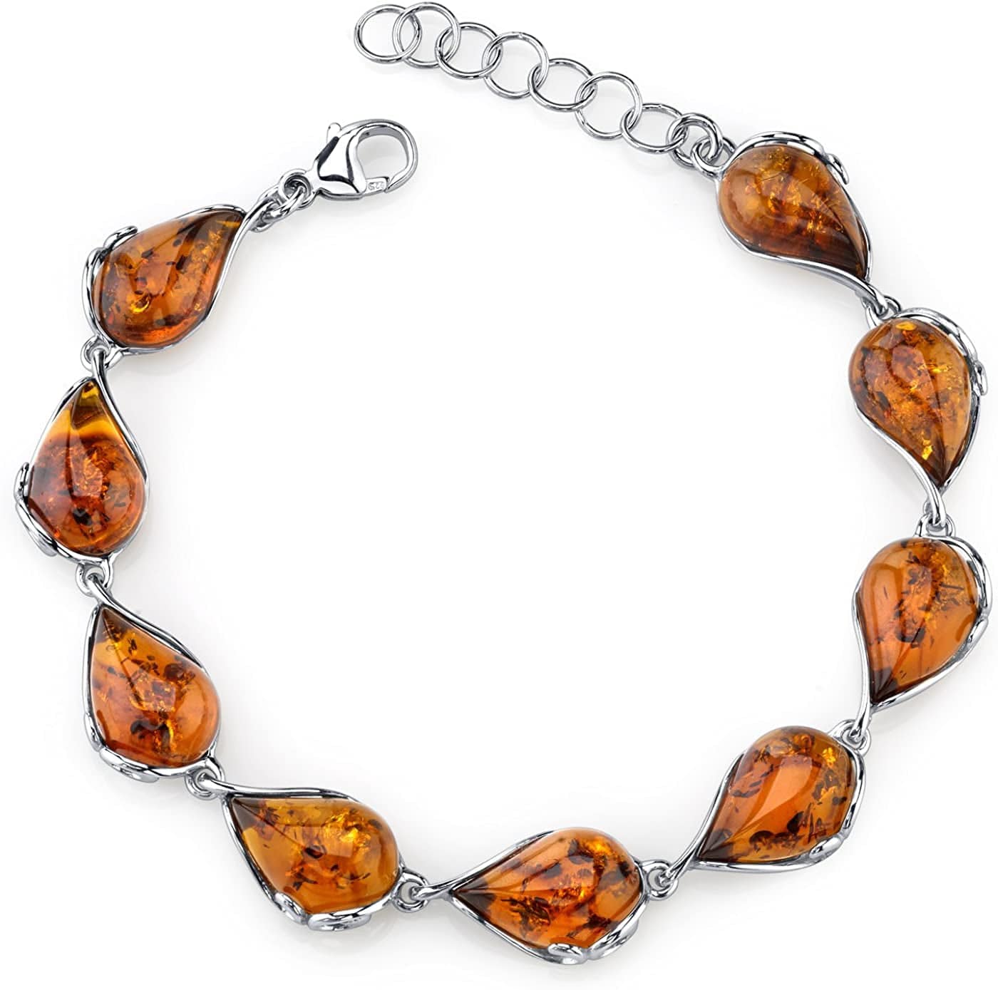 Genuine Baltic Amber Teardrop Design Pendant, Earrings, Bracelet for Women in Sterling Silver Bracelets