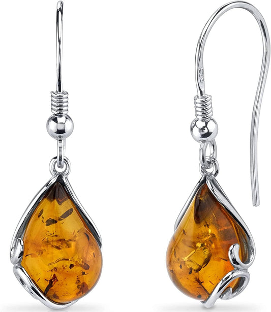 Genuine Baltic Amber Teardrop Design Pendant, Earrings, Bracelet for Women in Sterling Silver Dangle Earrings