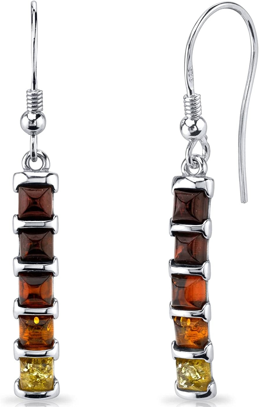 Genuine Baltic Multicolor Five Stone Amber Pendant Necklace, Earrings and Bracelet for Women in Sterling Silver Dangle Earrings