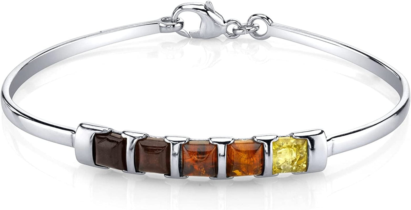 Genuine Baltic Multicolor Five Stone Amber Pendant Necklace, Earrings and Bracelet for Women in Sterling Silver Amber Multicolor Bar Bangle