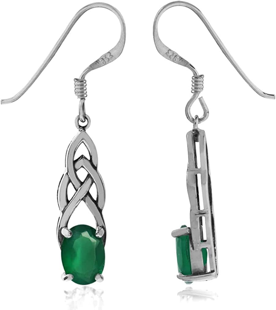 Genuine Gemstone 925 Sterling Silver Celtic Knot Weave Dangle Hook Earrings Birthstone Jewelry for Women natural emerald green agate - may birthstone