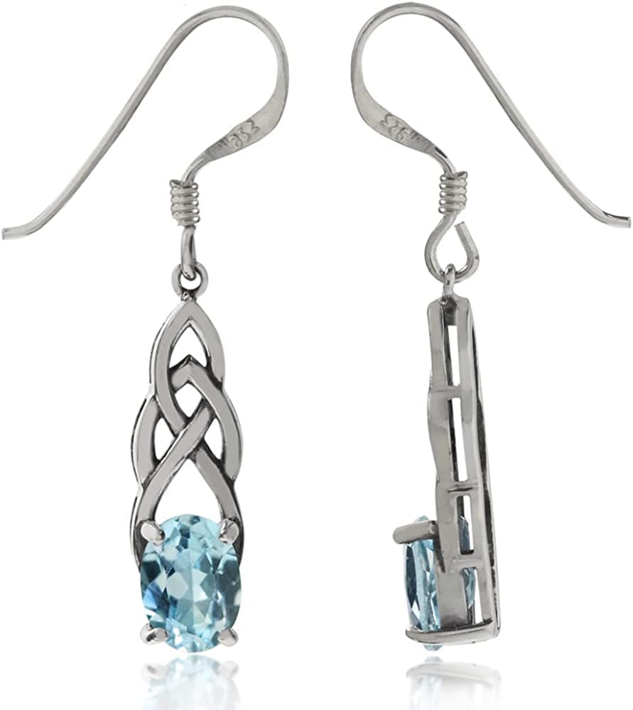 Genuine Gemstone 925 Sterling Silver Celtic Knot Weave Dangle Hook Earrings Birthstone Jewelry for Women genuine blue topaz - december birthstone