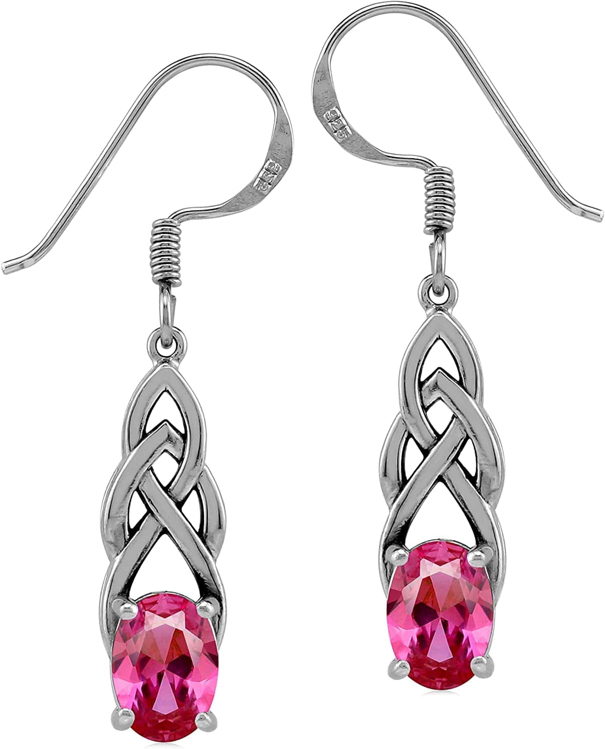 Genuine Gemstone 925 Sterling Silver Celtic Knot Weave Dangle Hook Earrings Birthstone Jewelry for Women created pink tourmaline - october birthstone