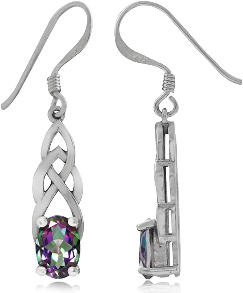 Genuine Gemstone 925 Sterling Silver Celtic Knot Weave Dangle Hook Earrings Birthstone Jewelry for Women Mystic Topaz