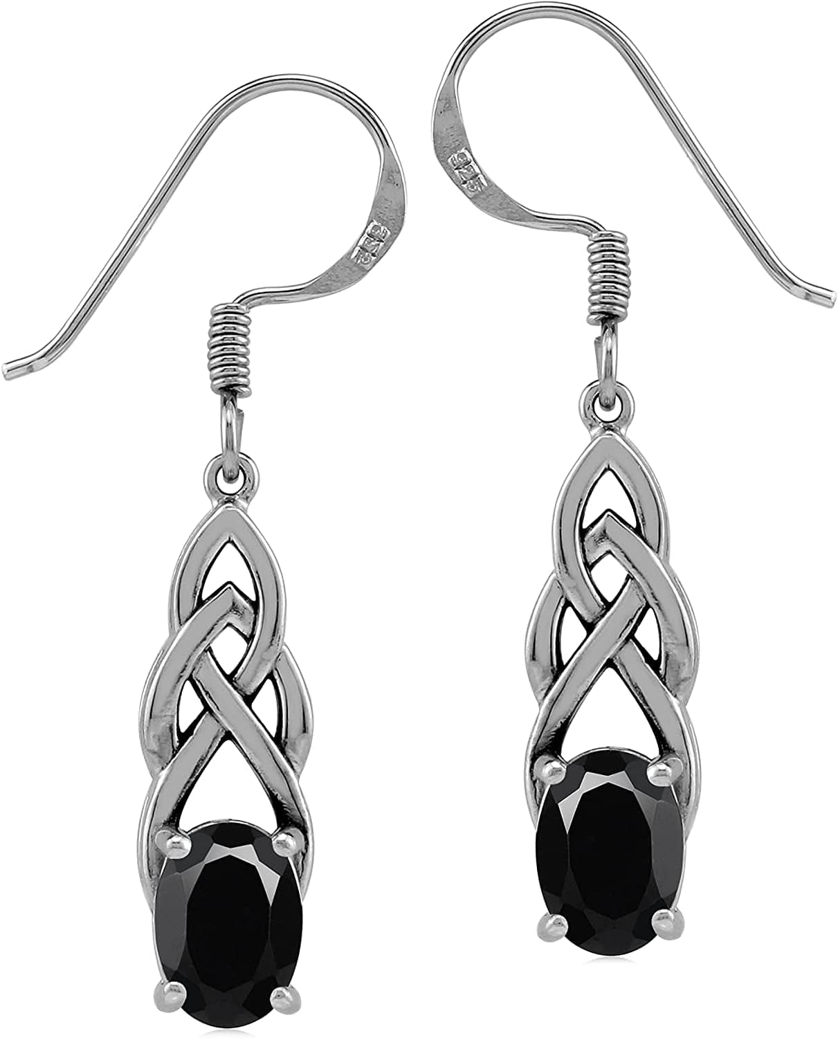 Genuine Gemstone 925 Sterling Silver Celtic Knot Weave Dangle Hook Earrings Birthstone Jewelry for Women natural black onyx
