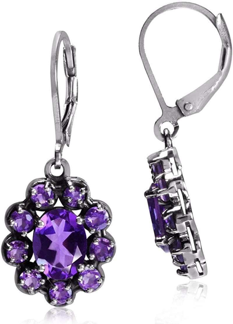 Genuine Gemstones 925 Sterling Silver Flower Cluster Leverback Drop Dangle Earrings Jewelry for Women Business Attire genuine purple african amethyst