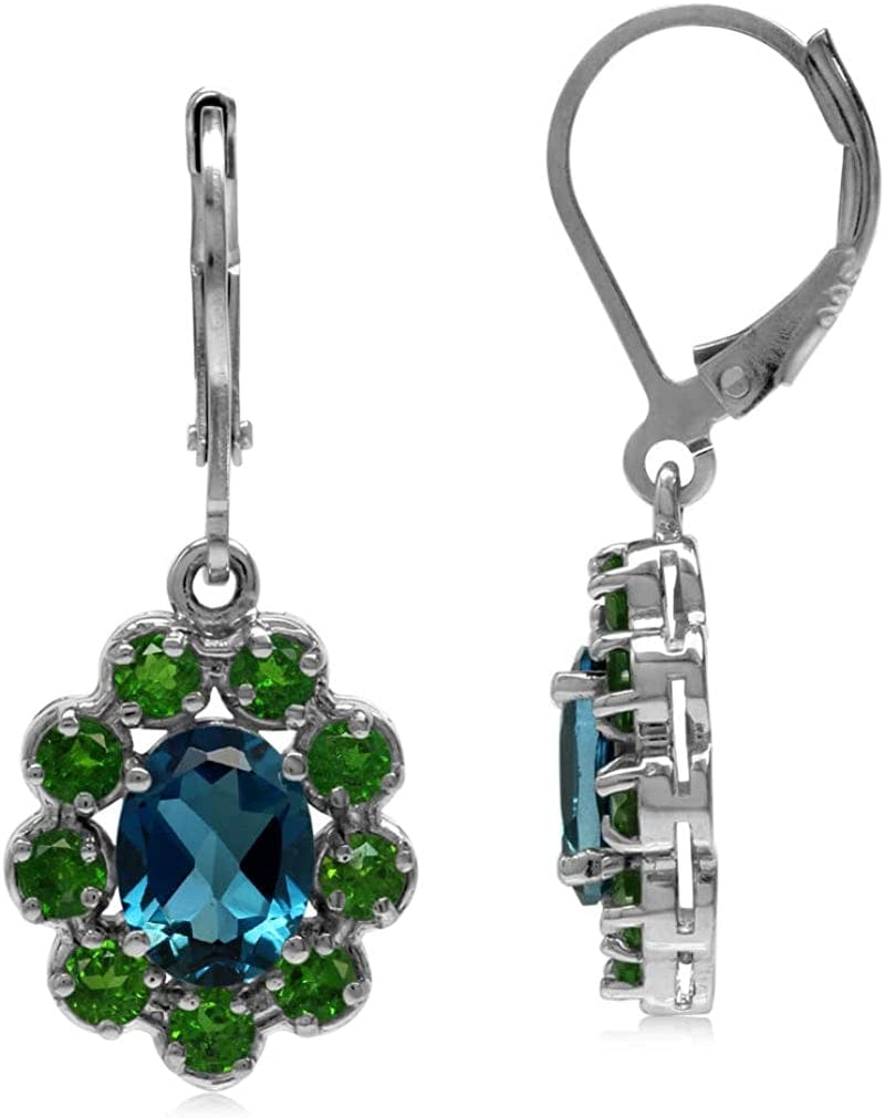 Genuine Gemstones 925 Sterling Silver Flower Cluster Leverback Drop Dangle Earrings Jewelry for Women Business Attire london blue topaz and chrome diopside