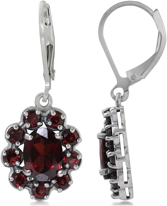 Genuine Gemstones 925 Sterling Silver Flower Cluster Leverback Drop Dangle Earrings Jewelry for Women Business Attire natural red garnet