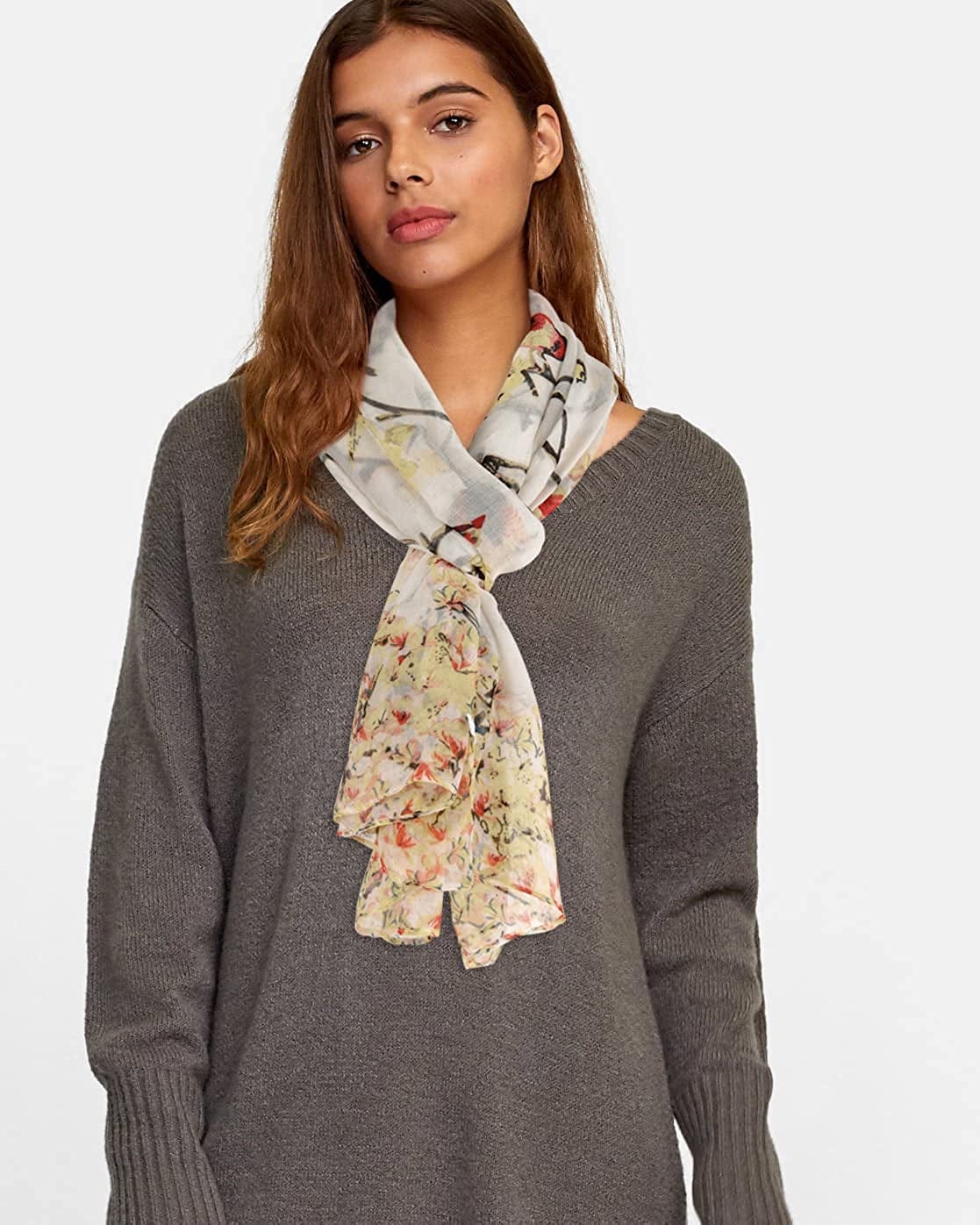GERINLY Scarfs for Women Lightweight Floral Birds Print Cotton Scarves and Wraps for Holiday Shawl