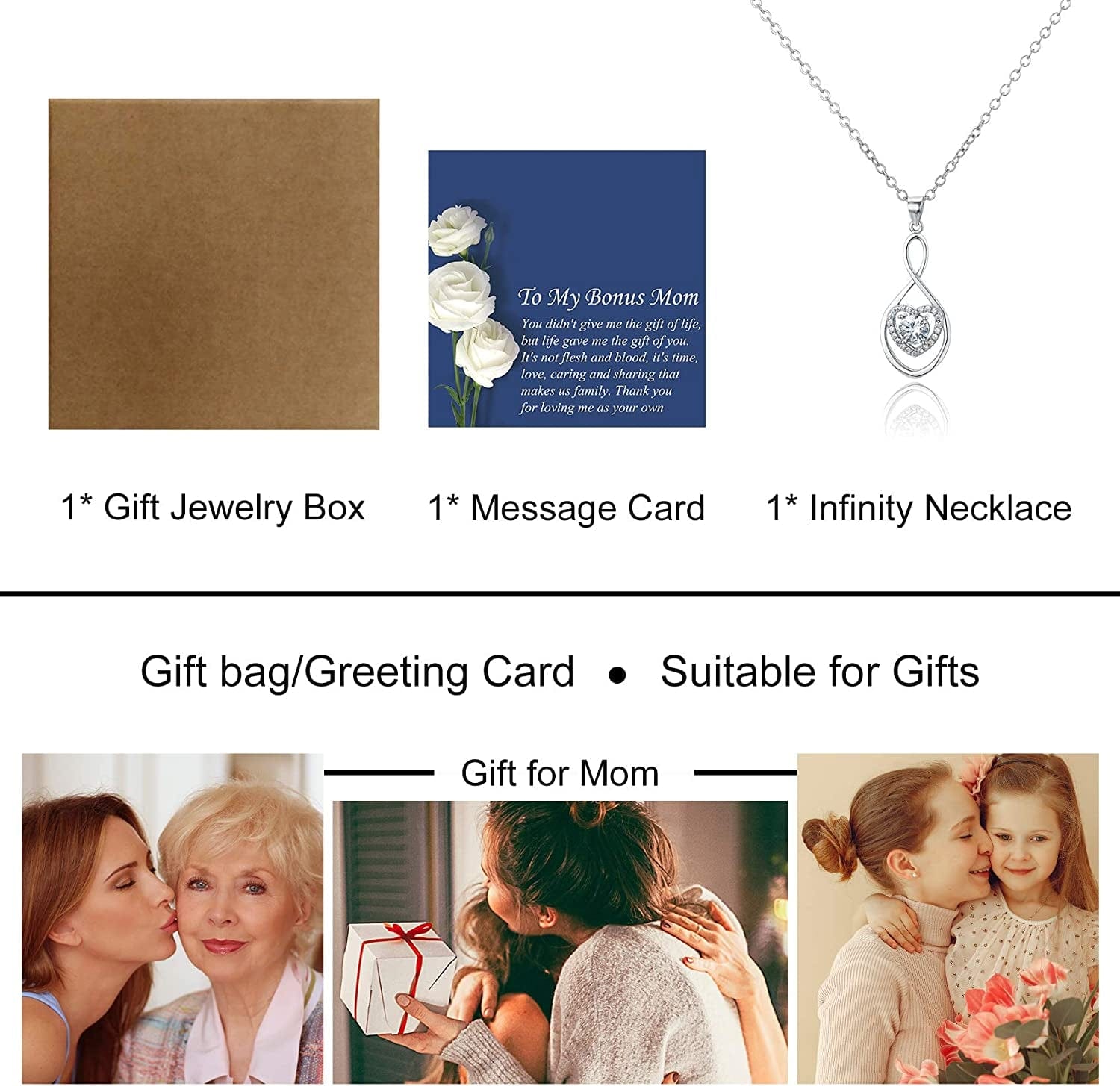 Gifts for Mom, Bonus Mom Necklace from Daughter/Son, Infinity Heart Necklaces for Women, Mothersday Gift for Stepmom/Mother in Law N01D