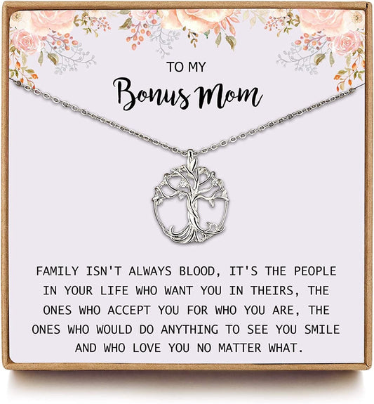 Gifts for Mom, Mothersday Gifts for Mother in Law/Step Mother Wedding Gift, Bonus Mom Gifts from Daughter/Son, Sterling Silver Tree of Life Necklaces for Women