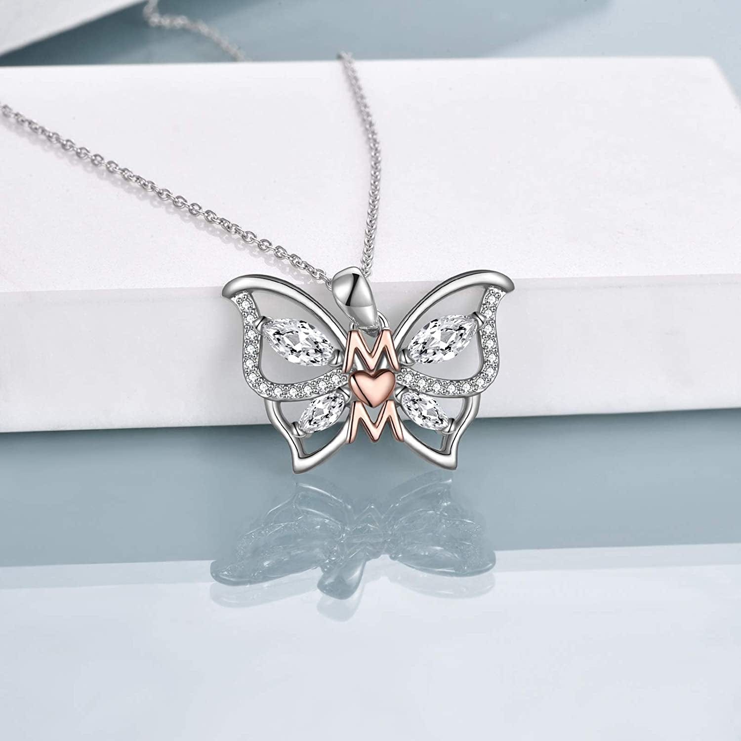Gifts for Mom Sterling Silver Mom Necklaces Heart Butterfly Pendant Mother Gifts from Daughter Son Birthday for Mom Women