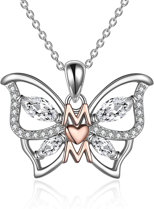 Gifts for Mom Sterling Silver Mom Necklaces Heart Butterfly Pendant Mother Gifts from Daughter Son Birthday for Mom Women 4-Butterfly