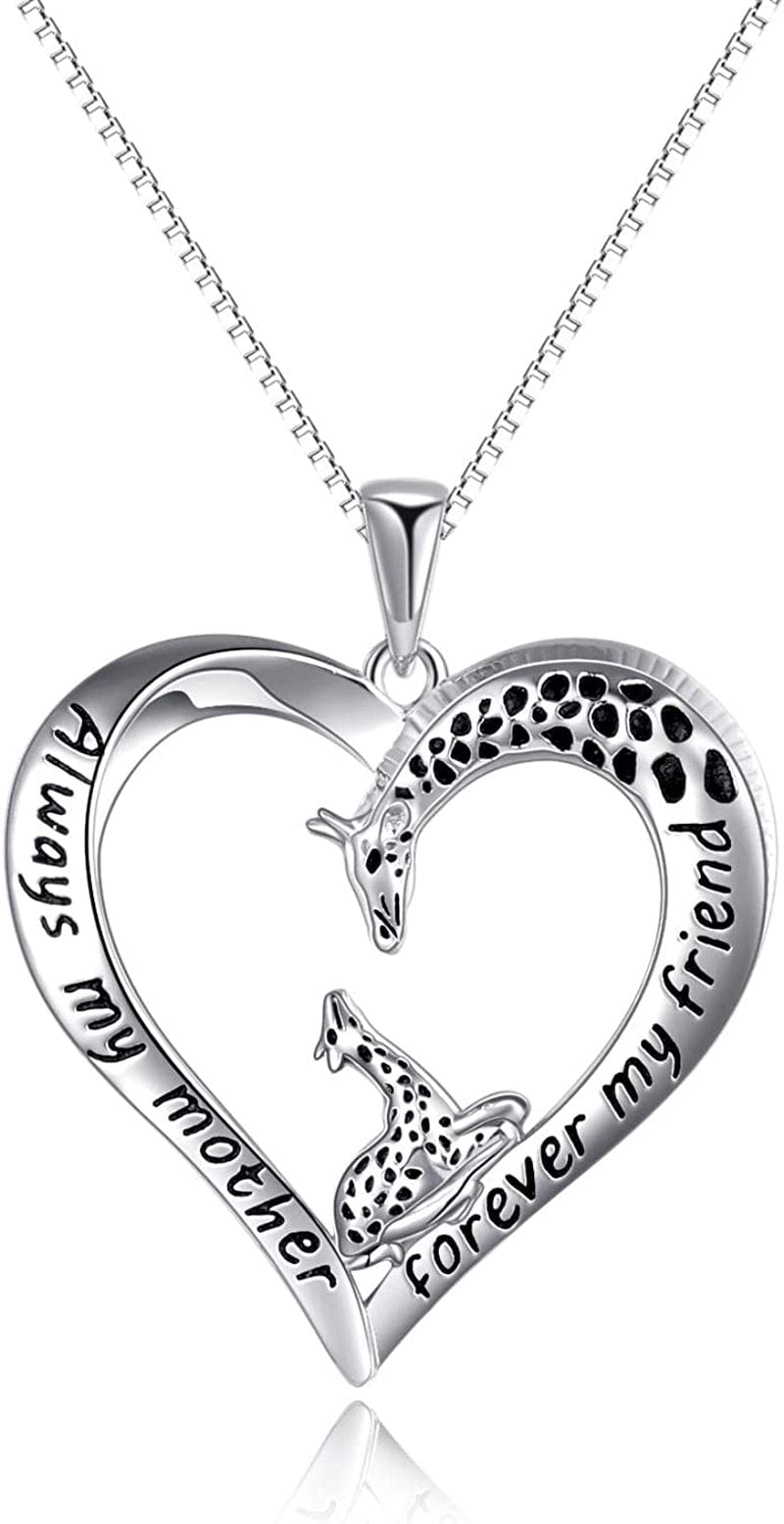 Giraffe Jewelry Gifts for Women Sterling Silver Giraffe Family Love Heart Pendant Necklace for Mom Daughter Birthday Mothers Day Gifts silver-two giraffe necklace