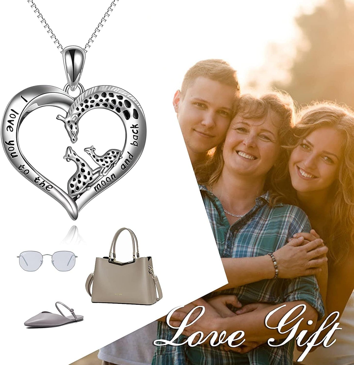 Giraffe Jewelry Gifts for Women Sterling Silver Giraffe Family Love Heart Pendant Necklace for Mom Daughter Birthday Mothers Day Gifts