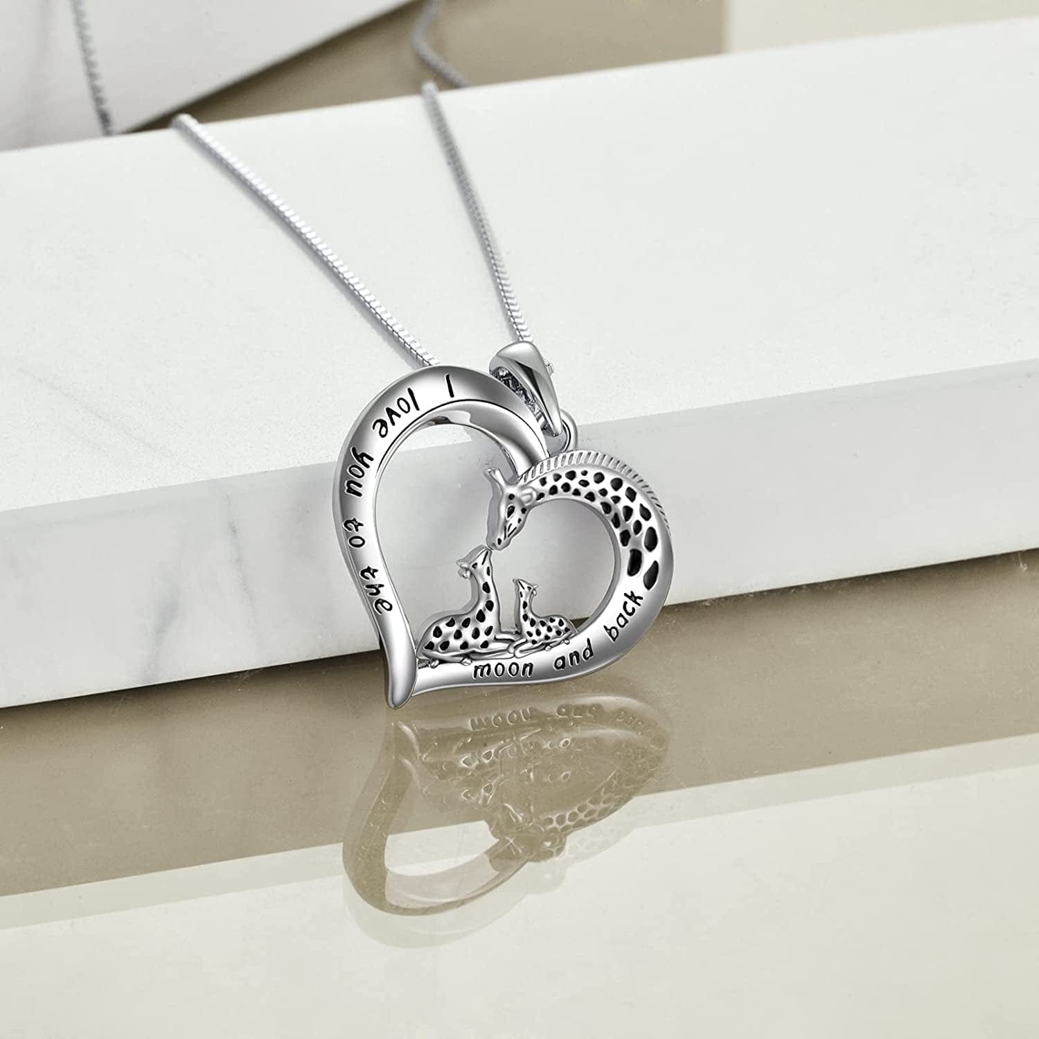 Giraffe Jewelry Gifts for Women Sterling Silver Giraffe Family Love Heart Pendant Necklace for Mom Daughter Birthday Mothers Day Gifts