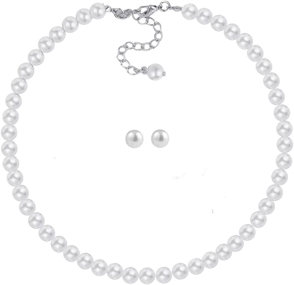 Glass Pearl Necklace and Earring Set,Collar De Perlas Para Mujer,Faux Pearl Jewelry Set for Women with Charm Chain 8mm