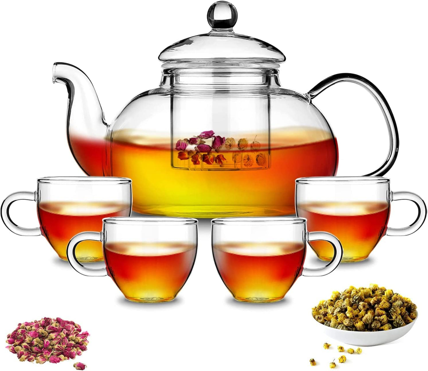 Glass Tea Pot 1L with Removable Infuser, Blooming and Loose Leaf Tea Maker Set, Stovetop and Microwave Safe Tea Kettle. 2.Tea Pot&Cup