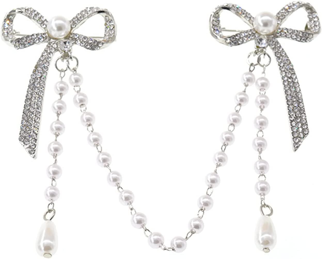Glorymm Rhinestone Pearl Brooch Simple Bowknot Collar Pin Crystal Lapel Pin Bow Brooch Badge for Women,Silver Rhinestones, as the Description Silver Pearl