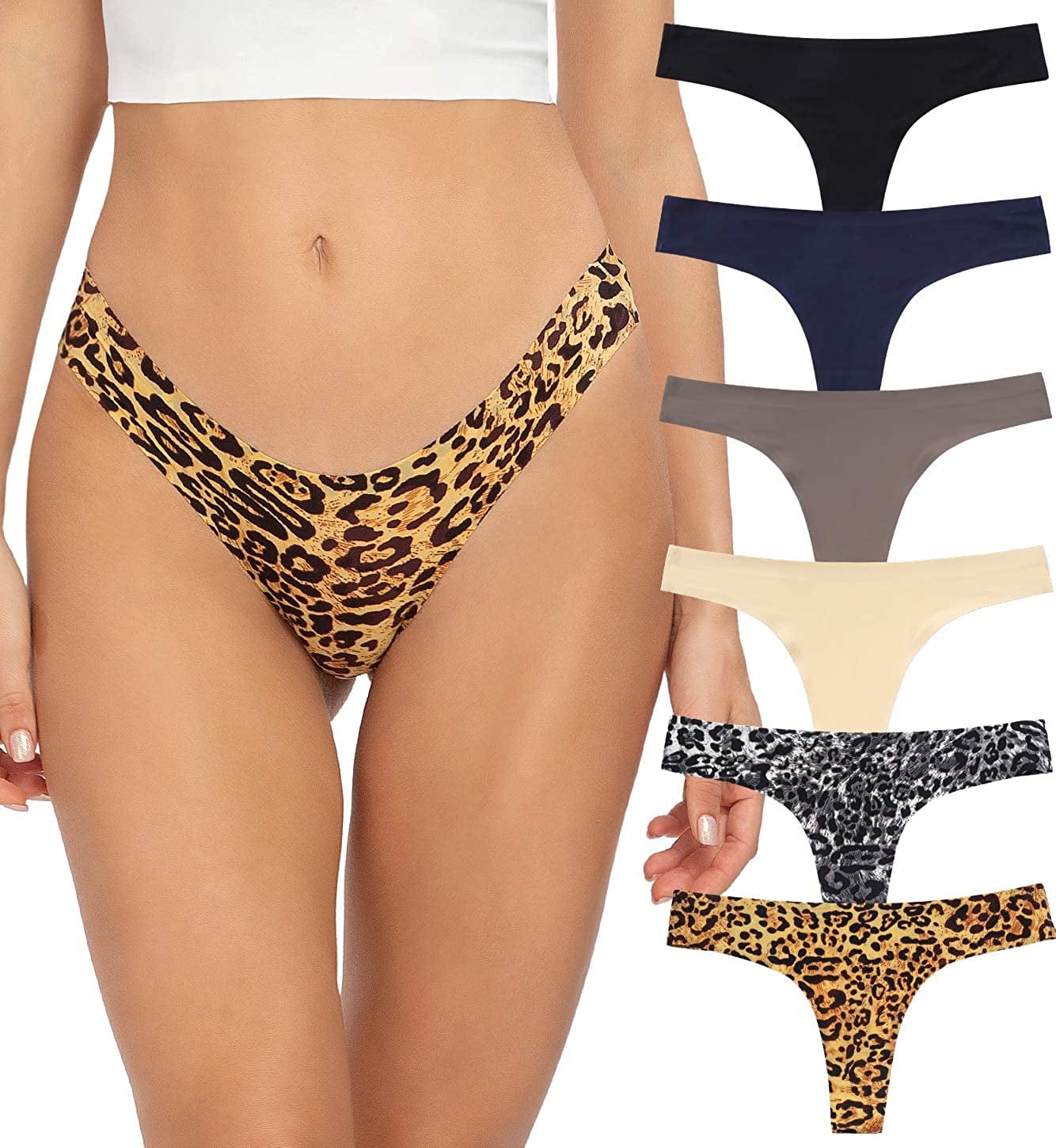 GNEPH Womens Underwear Thongs Low Rise Seamless Thong Stretch Invisible Bikini Thongs Panties Multipack Leopard / Small