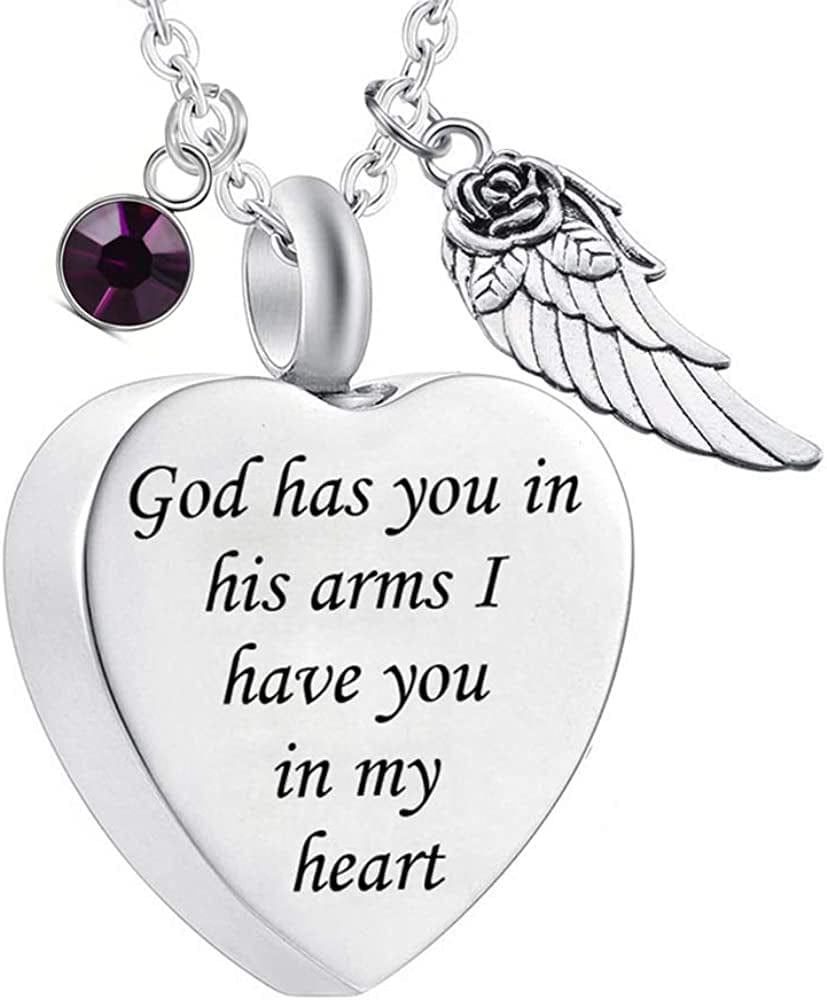 God Has You in His Arms with Angel Wing Charm Cremation Ashes Jewelry Keepsake Memorial Urn Necklace with Birthstone Crystal February