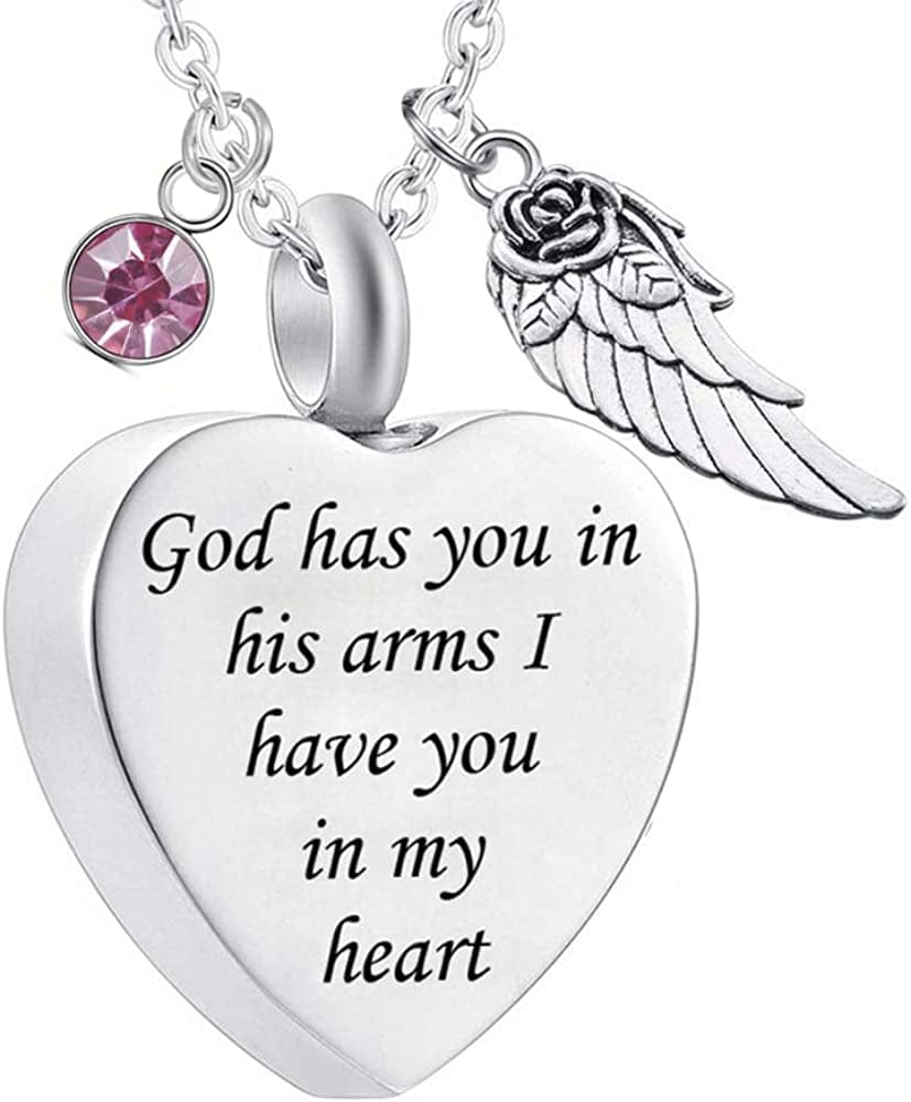 God Has You in His Arms with Angel Wing Charm Cremation Ashes Jewelry Keepsake Memorial Urn Necklace with Birthstone Crystal October