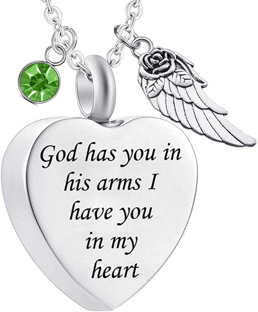 God Has You in His Arms with Angel Wing Charm Cremation Ashes Jewelry Keepsake Memorial Urn Necklace with Birthstone Crystal August