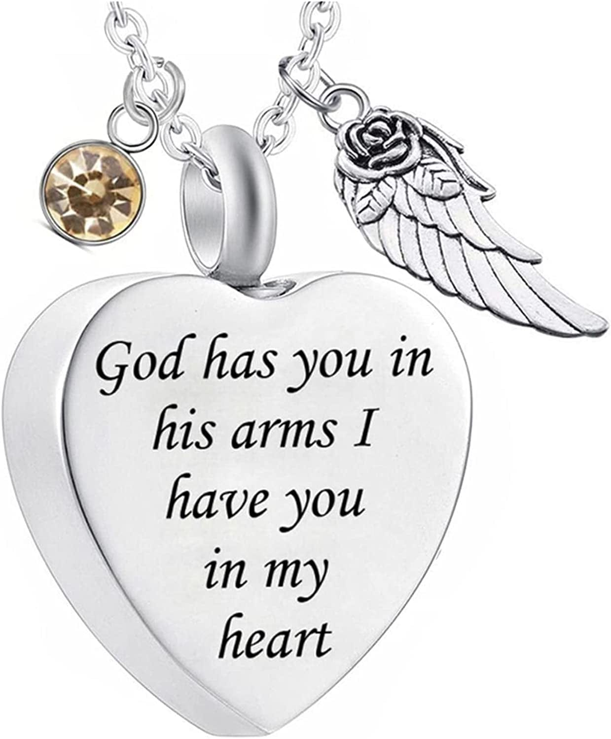 God Has You in His Arms with Angel Wing Charm Cremation Ashes Jewelry Keepsake Memorial Urn Necklace with Birthstone Crystal November