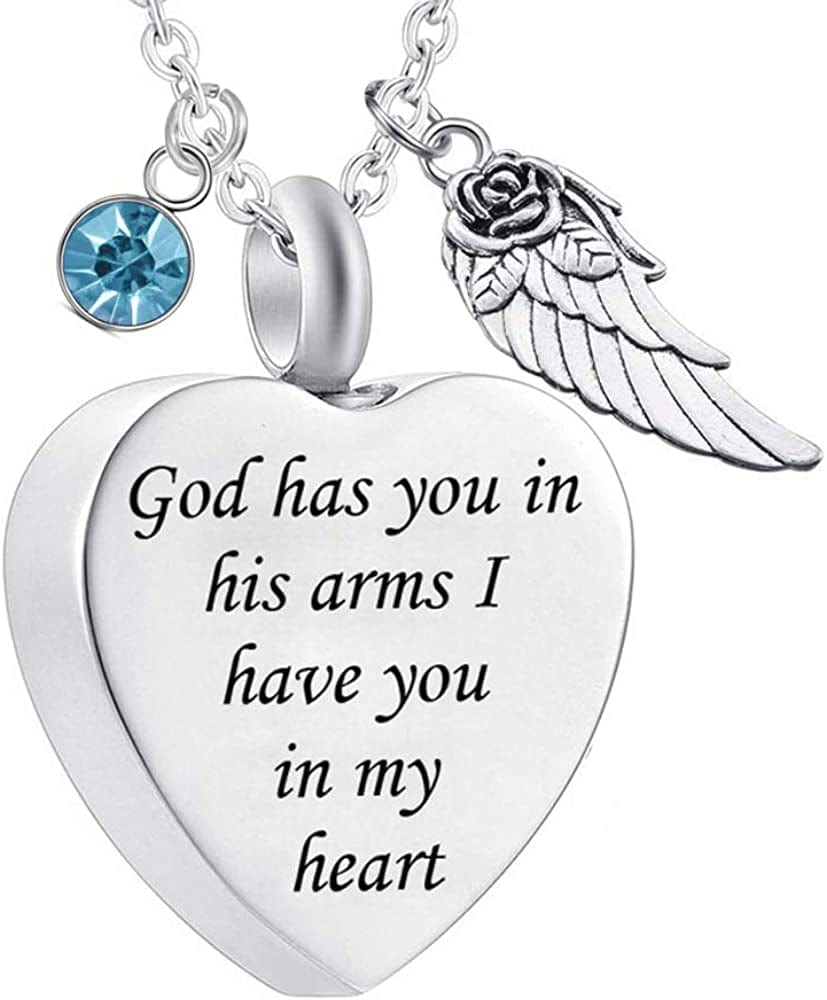 God Has You in His Arms with Angel Wing Charm Cremation Ashes Jewelry Keepsake Memorial Urn Necklace with Birthstone Crystal December