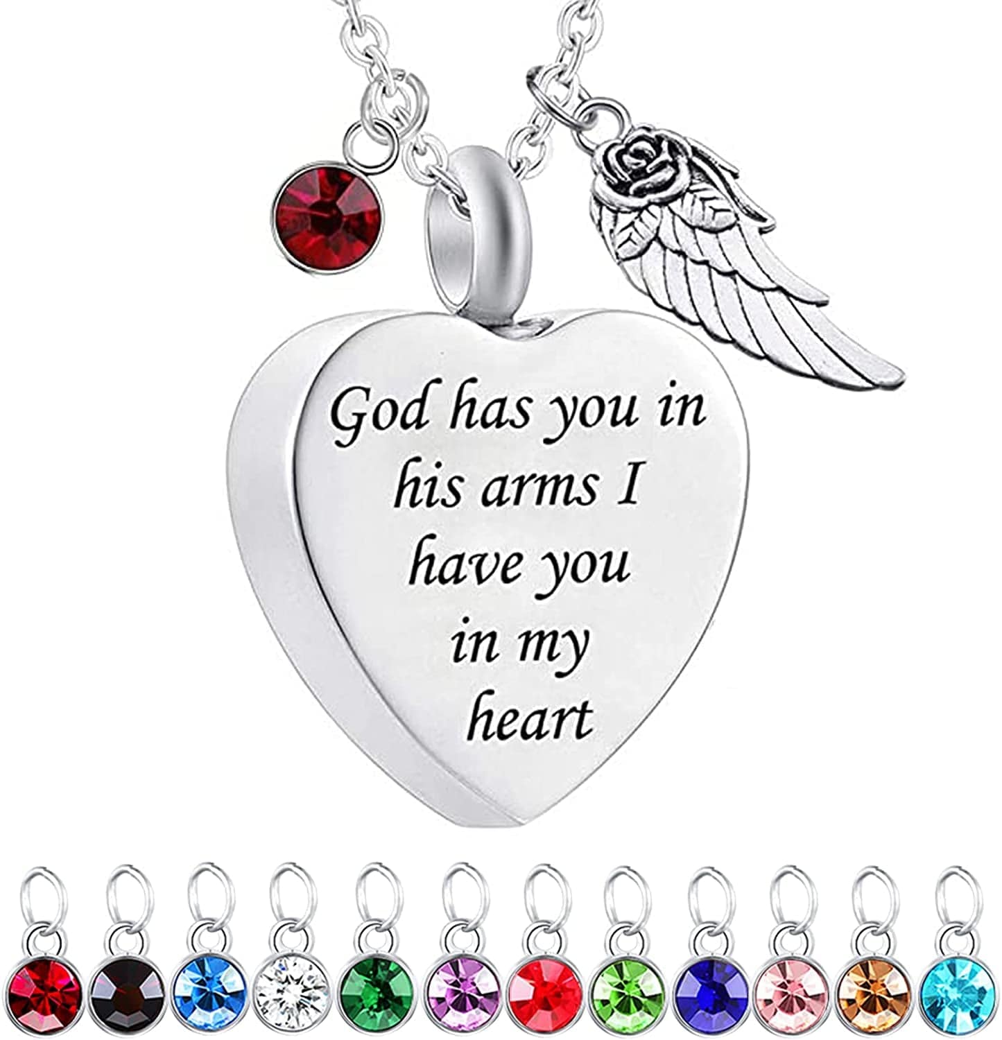 God Has You in His Arms with Angel Wing Charm Cremation Ashes Jewelry Keepsake Memorial Urn Necklace with Birthstone Crystal God+Angel Wing&12 Pcs Birthstone