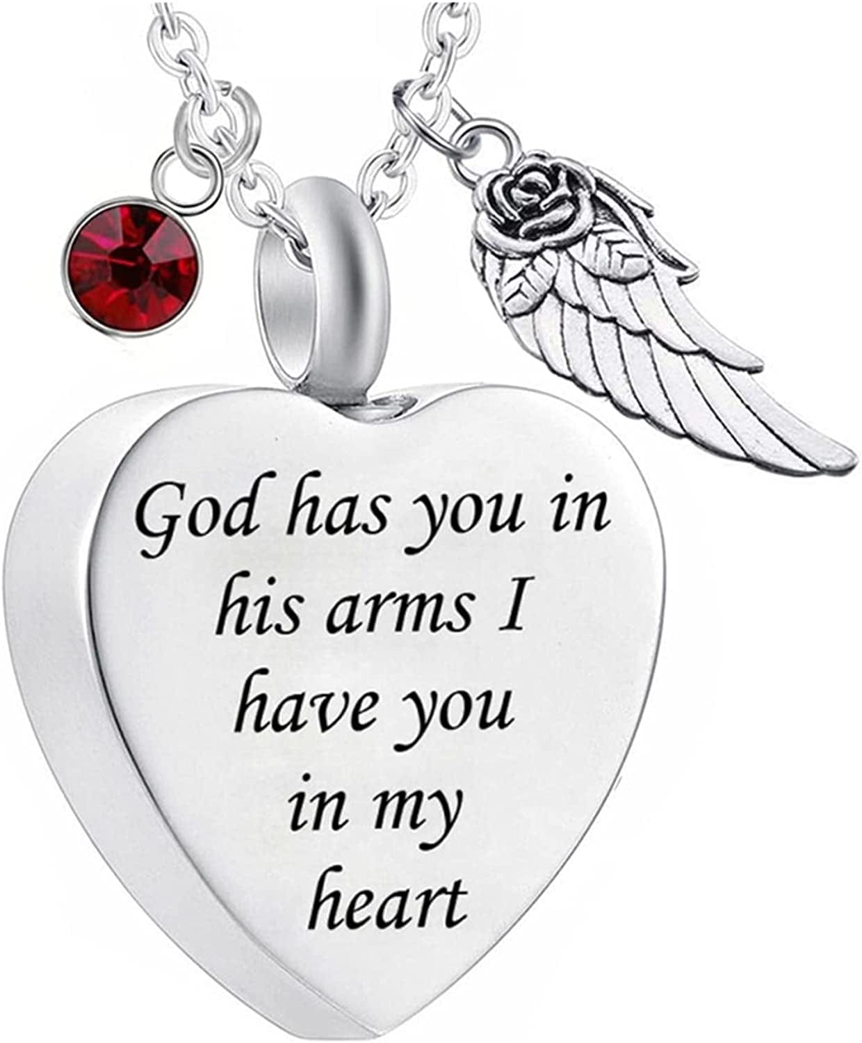 God Has You in His Arms with Angel Wing Charm Cremation Ashes Jewelry Keepsake Memorial Urn Necklace with Birthstone Crystal January