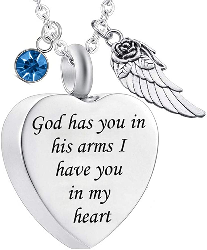God Has You in His Arms with Angel Wing Charm Cremation Ashes Jewelry Keepsake Memorial Urn Necklace with Birthstone Crystal 蓝色