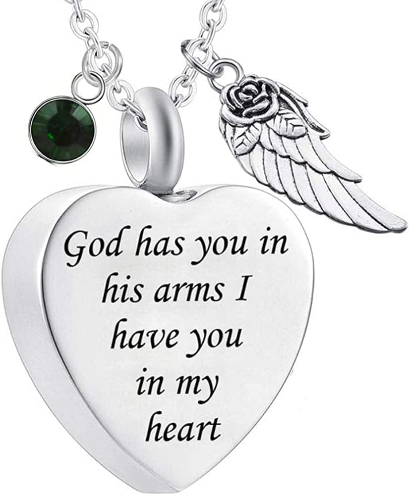 God Has You in His Arms with Angel Wing Charm Cremation Ashes Jewelry Keepsake Memorial Urn Necklace with Birthstone Crystal May