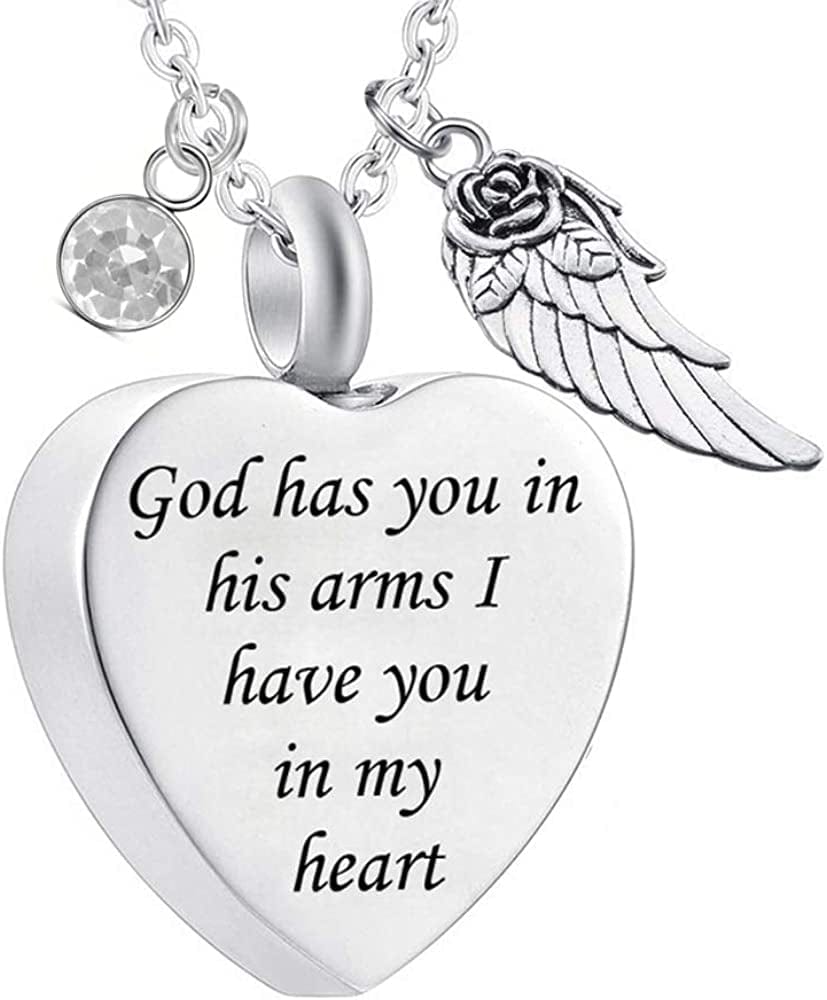 God Has You in His Arms with Angel Wing Charm Cremation Ashes Jewelry Keepsake Memorial Urn Necklace with Birthstone Crystal April