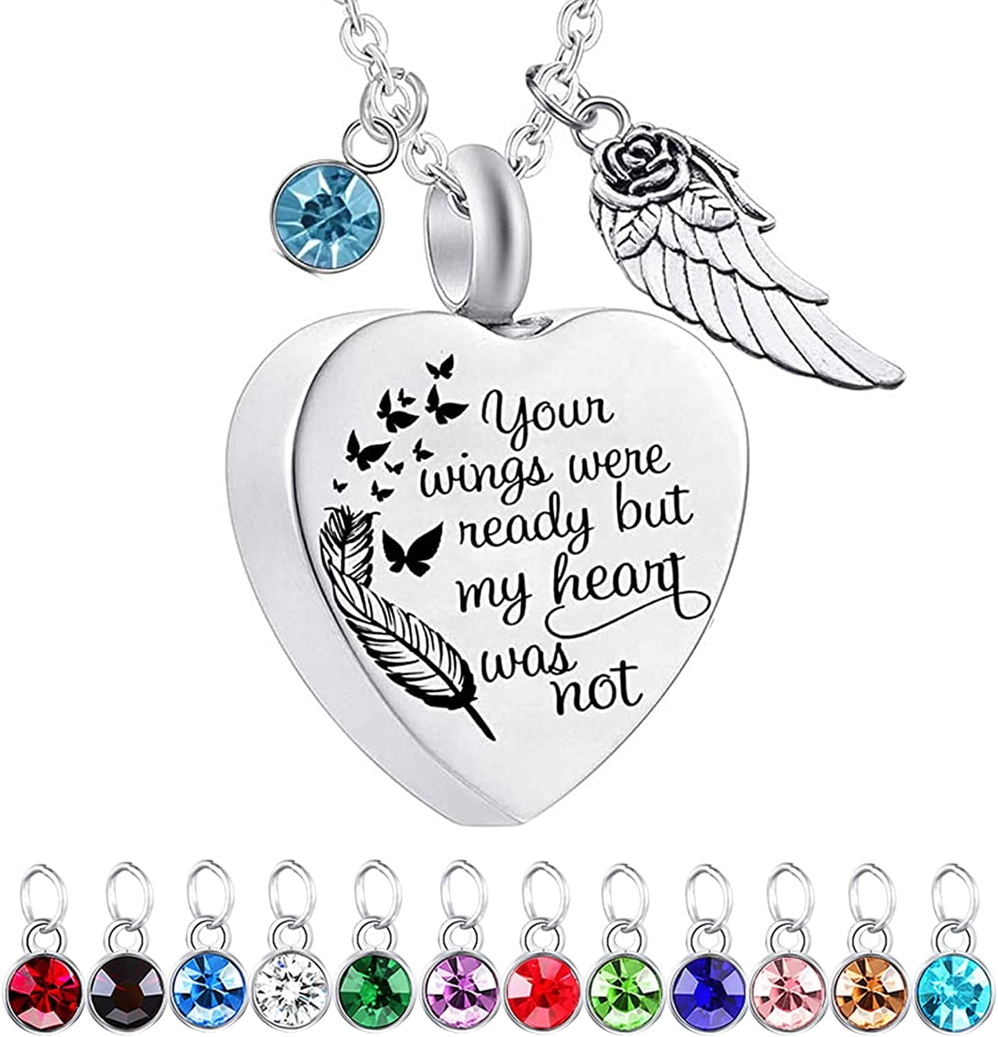 God Has You in His Arms with Angel Wing Charm Cremation Ashes Jewelry Keepsake Memorial Urn Necklace with Birthstone Crystal Your +Angel Wing&12 Pcs Birthstone