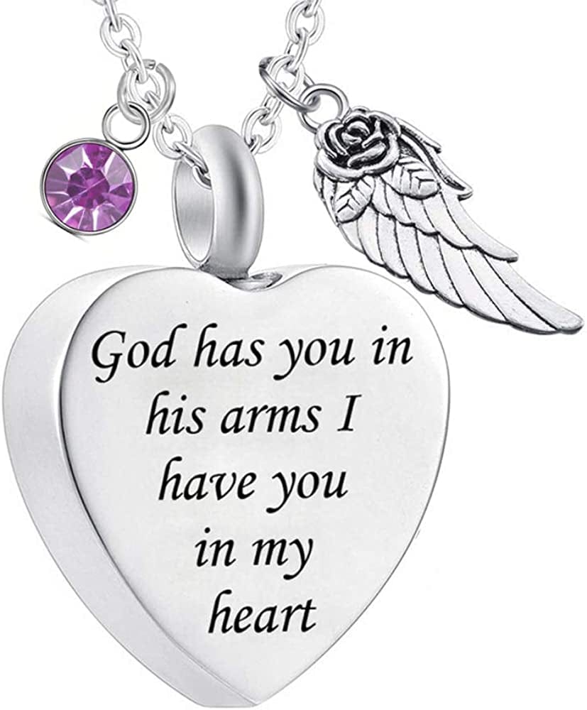 God Has You in His Arms with Angel Wing Charm Cremation Ashes Jewelry Keepsake Memorial Urn Necklace with Birthstone Crystal June