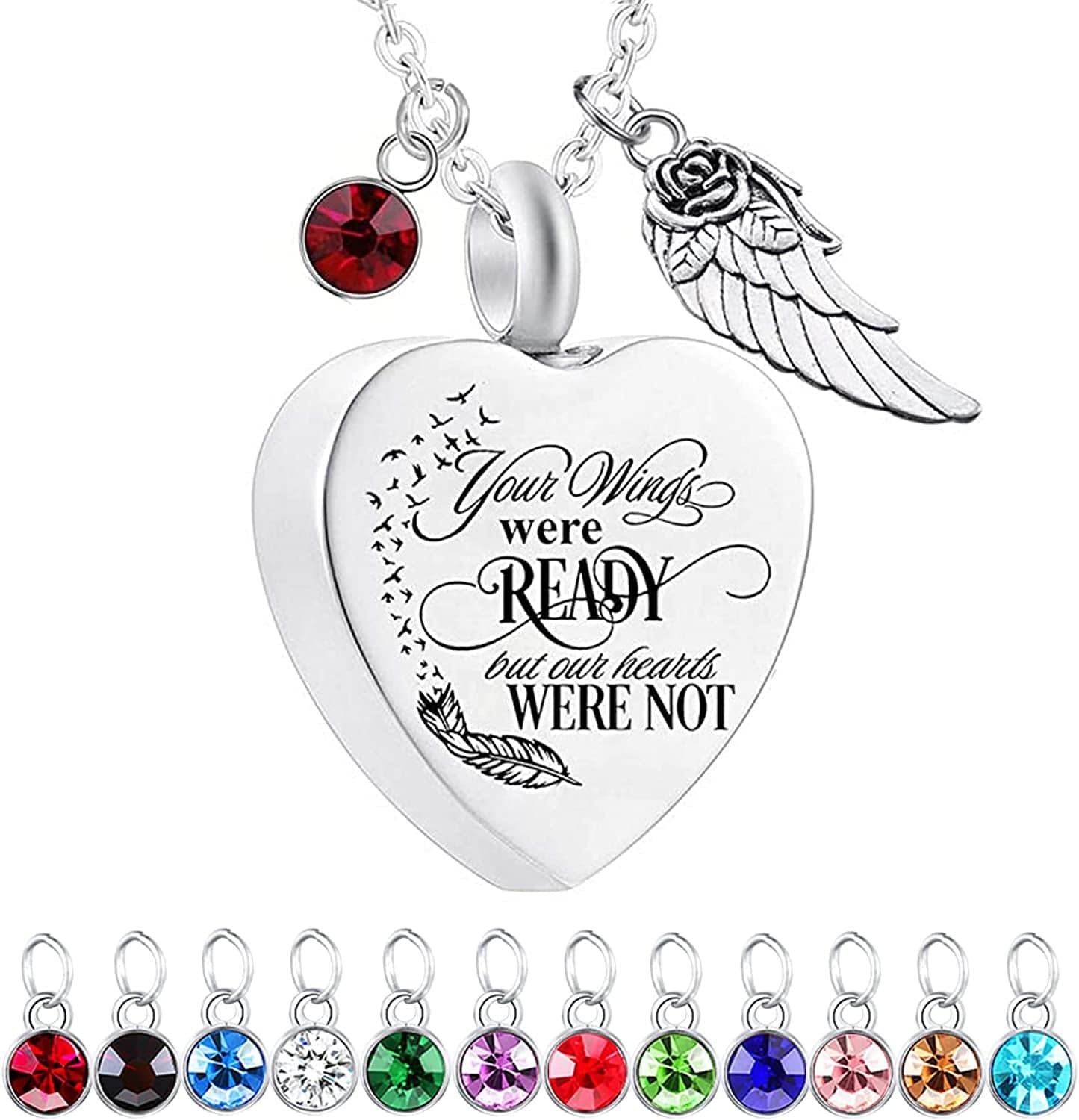 God Has You in His Arms with Angel Wing Charm Cremation Ashes Jewelry Keepsake Memorial Urn Necklace with Birthstone Crystal Little bird + Your +Angel Wing&12 Pcs Birthstone