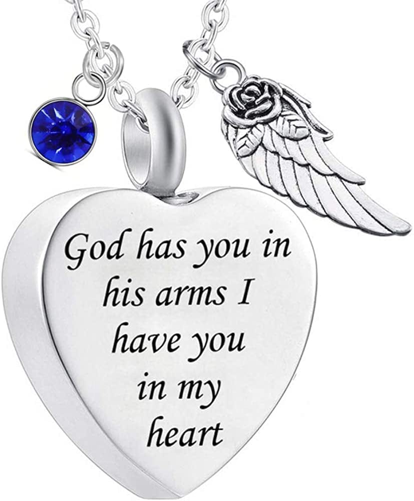 God Has You in His Arms with Angel Wing Charm Cremation Ashes Jewelry Keepsake Memorial Urn Necklace with Birthstone Crystal September