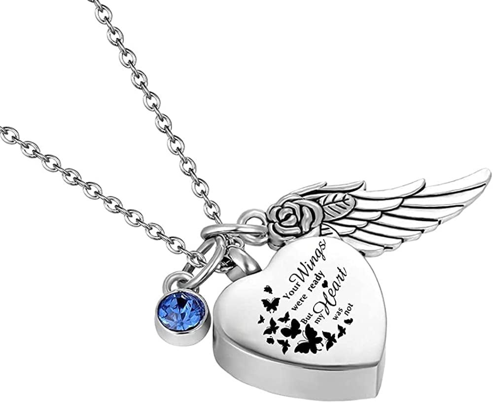 God Has You in His Arms with Angel Wing Charm Cremation Ashes Jewelry Keepsake Memorial Urn Necklace with Birthstone Crystal