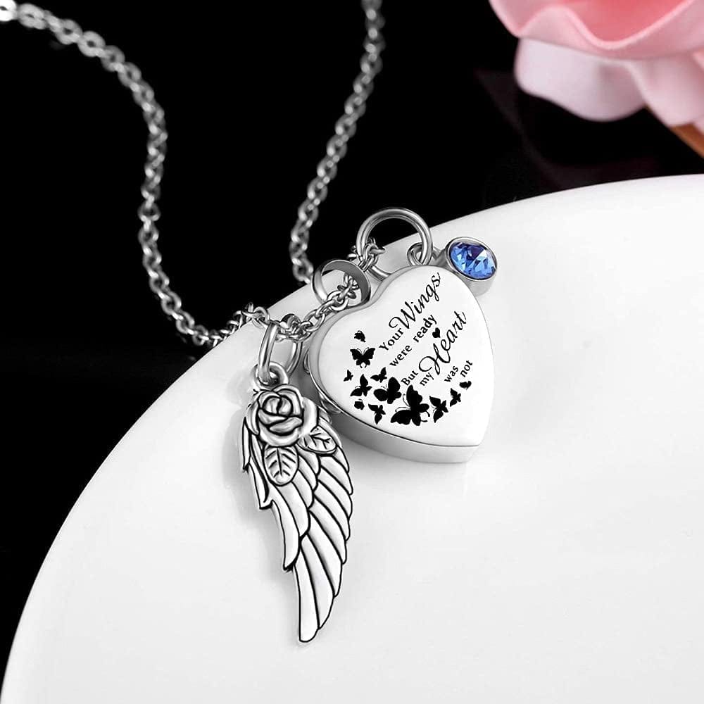God Has You in His Arms with Angel Wing Charm Cremation Ashes Jewelry Keepsake Memorial Urn Necklace with Birthstone Crystal