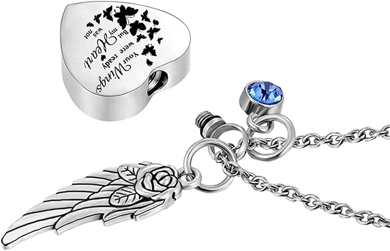 God Has You in His Arms with Angel Wing Charm Cremation Ashes Jewelry Keepsake Memorial Urn Necklace with Birthstone Crystal