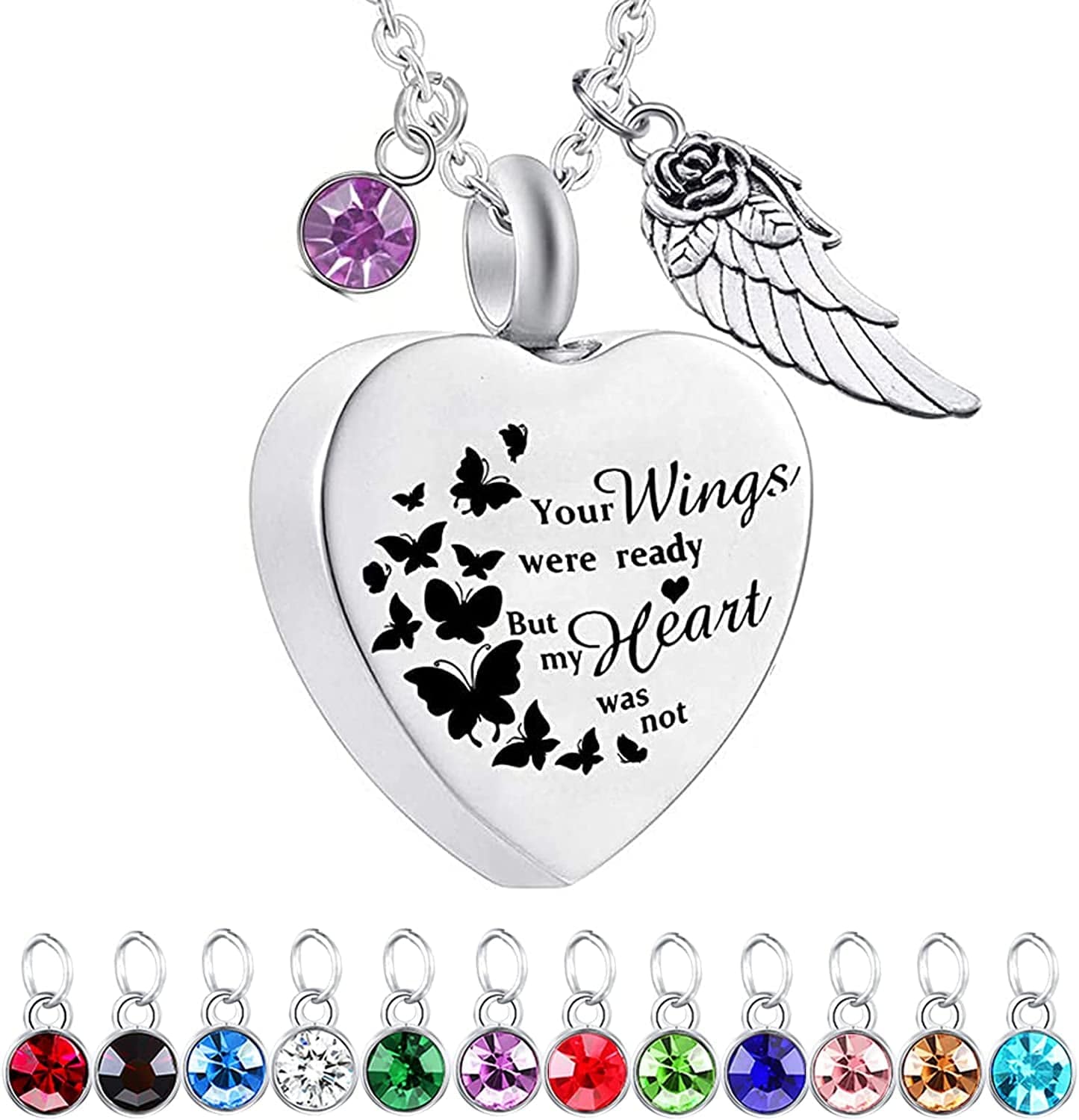 God Has You in His Arms with Angel Wing Charm Cremation Ashes Jewelry Keepsake Memorial Urn Necklace with Birthstone Crystal Butterfly + Your +Angel Wing&12 Pcs Birthstone