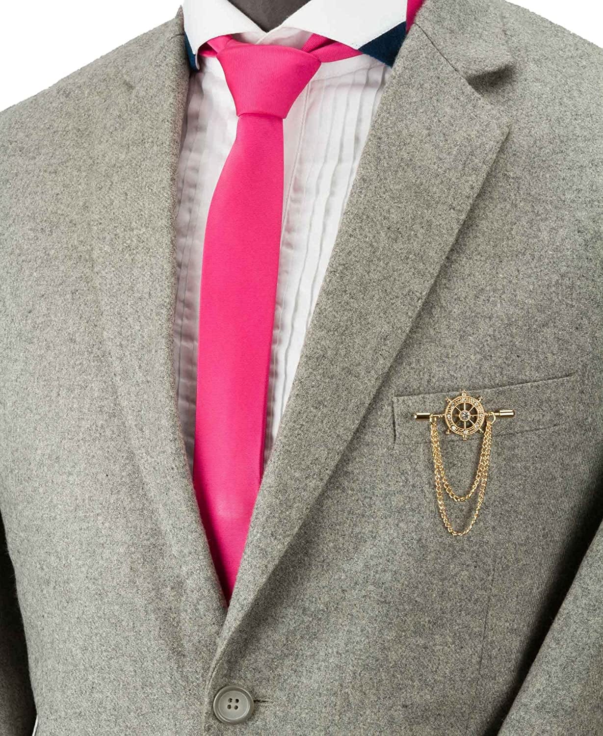 Gold Crystal Ship'S Steering Wheel with Chain Lapel Pin Badge Coat Suit Collar Accessories Brooch for Men