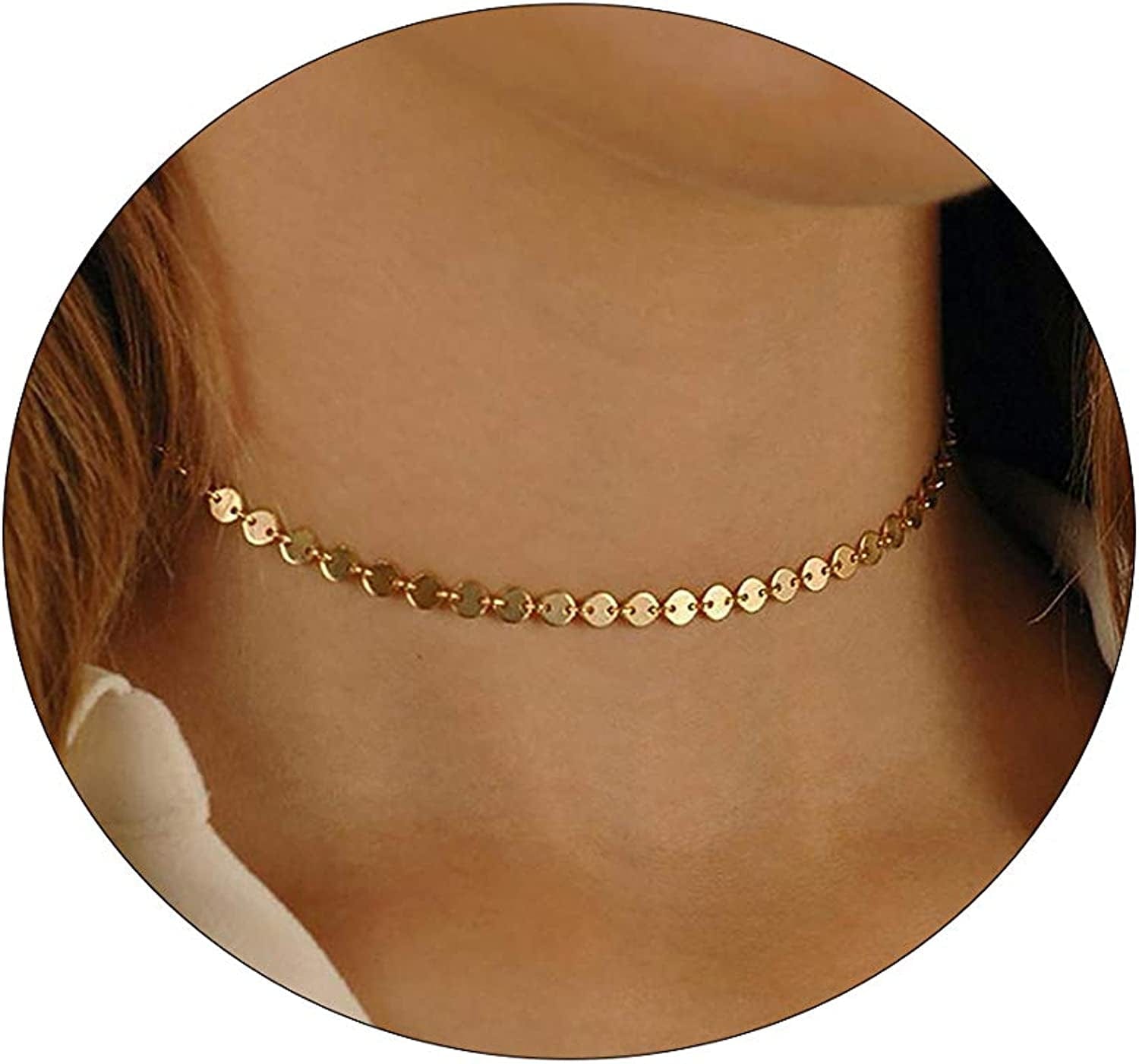 Gold Dainty Choker Necklace for Women, 14K Gold/Silver Plated Layered Satellite Bead Choker Thin Trendy Layering Discs Paperclip Necklaces Minimalist Simple Toggle Cuban Chain Jewelry Gift Disc-Gold